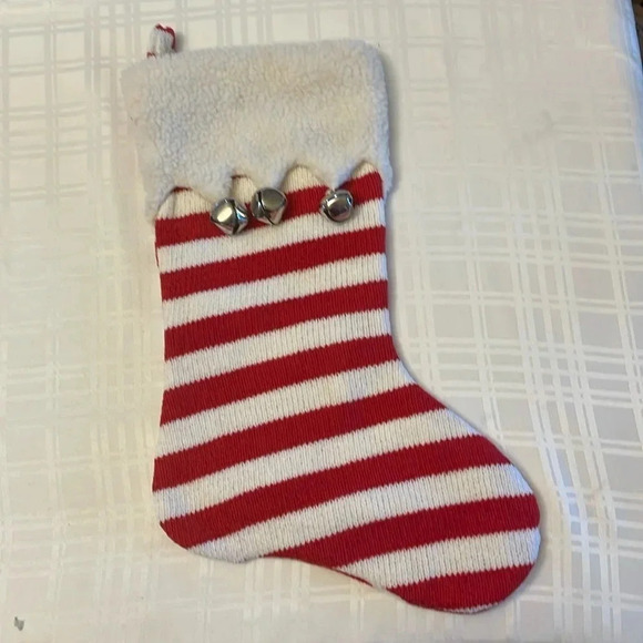 Striped White And Red Knit Fleece Cuff Bells Christmas Stocking - Picture 1 of 4